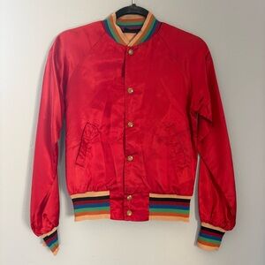 Vintage 70s GAP Red Satin Jacket with Rainbow Trim / Vintage Varsity Bomber